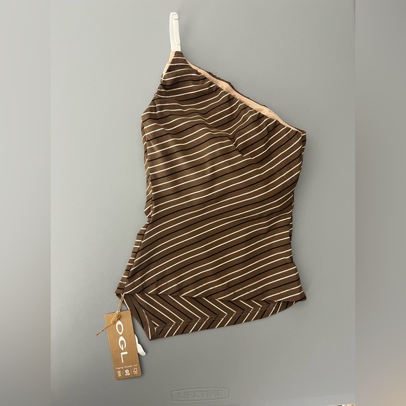 NWT OGL Asymmetrical Brown and White Striped Brami Top Size XS - Picture 2 of 7